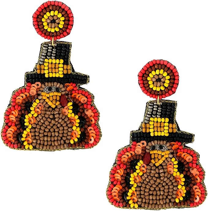 Gobalicious Decorative Seed Bead Thanksgiving Turkey in A Pilgrim Hat Earrings, 3 (Circular Top, 2.75)