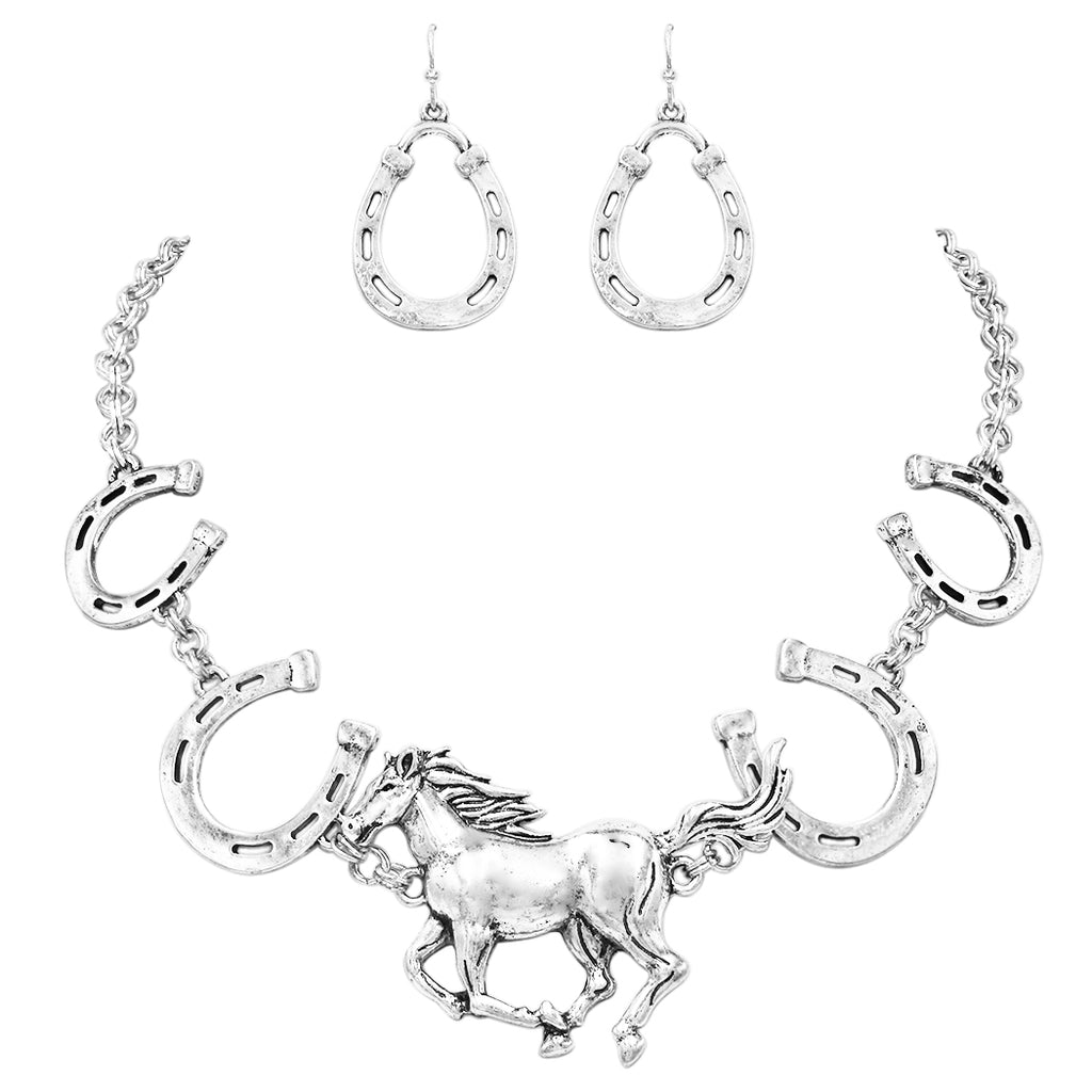 Stunning Lucky Horse And Shoe Statement Silver Tone Necklace Earring Gift  Set, 16+3 Extender