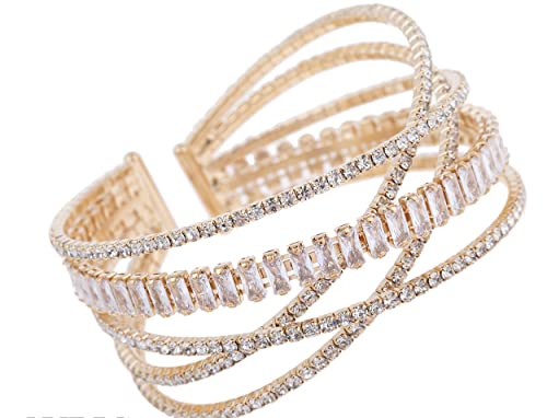 Stunning Cubic Zirconia Crystal Rhinestone Criss Cross Flexible Wire Cuff  Bracelet, 2.5