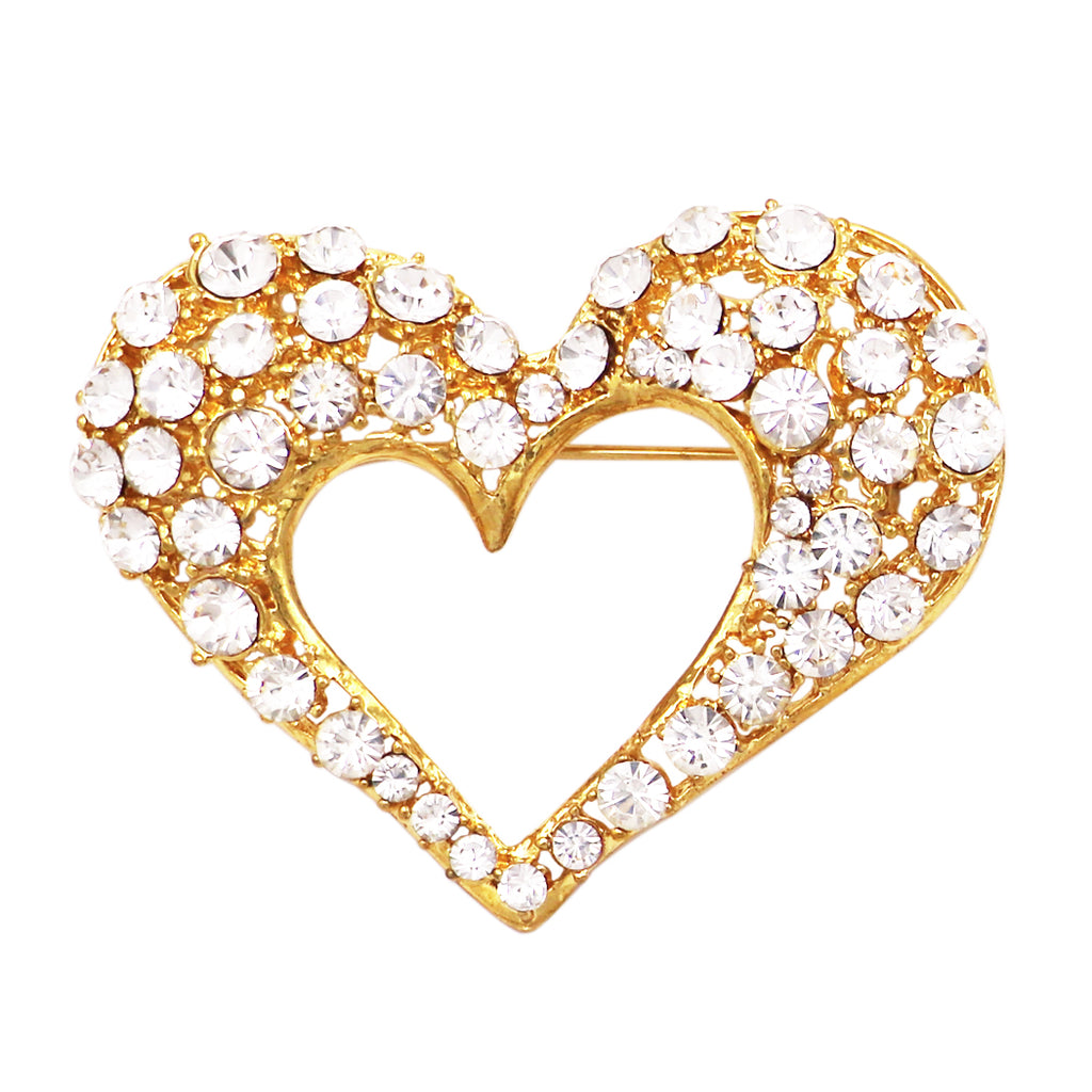 Sparkling Crystal Pink and Gold Tone Rhinestone Heart Brooch Pin