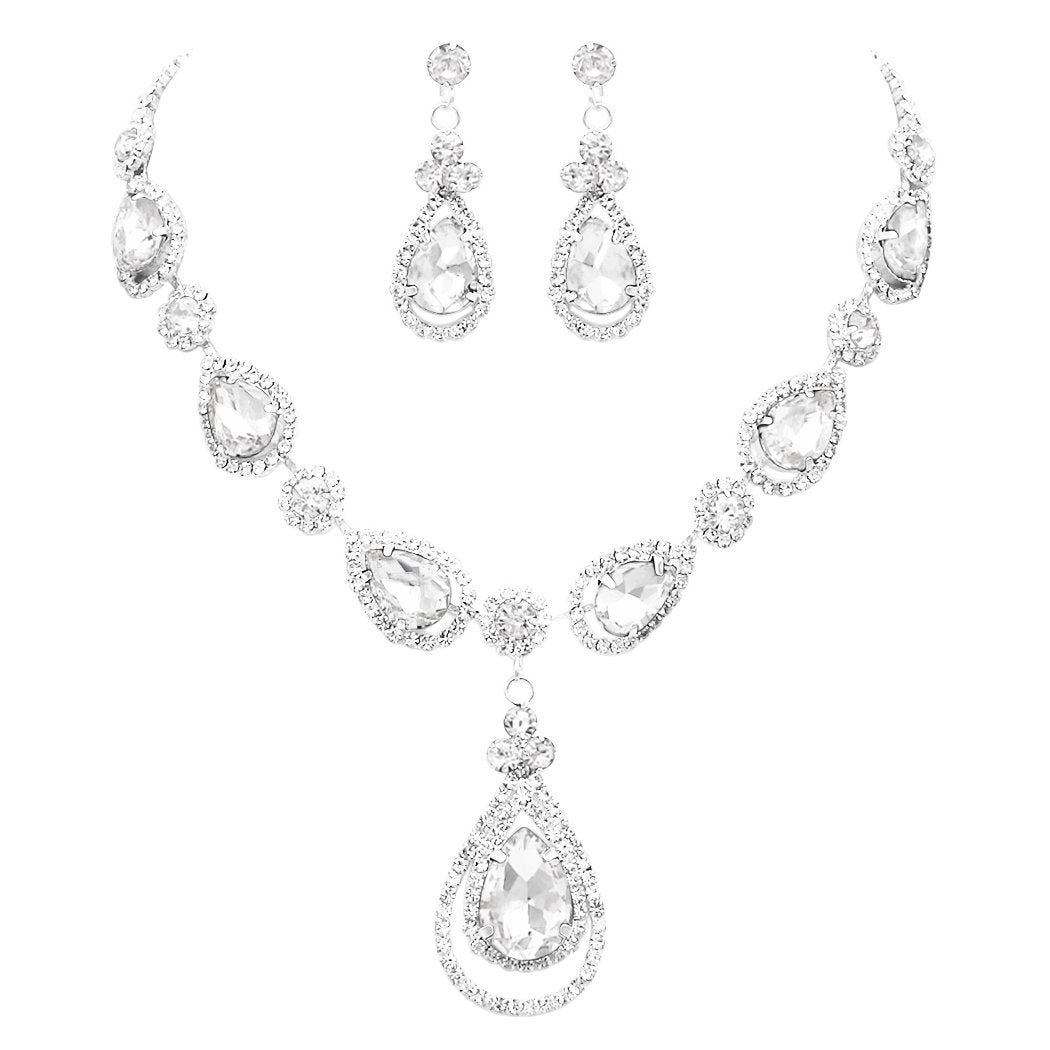 Clear Crystal Teardrop Pageant Necklace Set on Gold