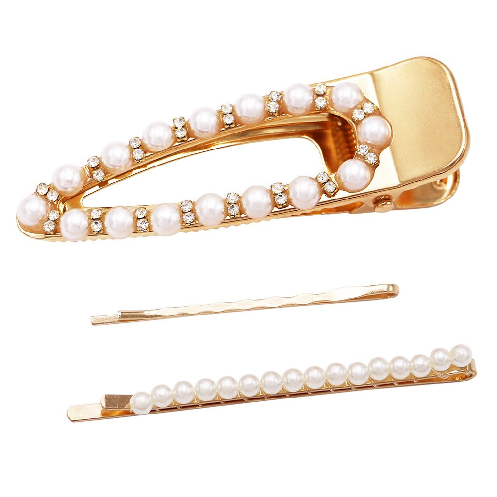 Set of 3 Acetate and Simulated Pearl Hair Clip Bobby Pins Snap