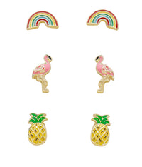 Set Of 3 Tropical Summer Fun Bright Colorful Enamel Fashion Stud Earrings, Rainbow Pink Flamingo Pineapple