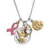 Breast Cancer Awareness Pink Ribbon Keepsake Angel Charms Two Tone Pendant Necklace, 16"+3" Extender