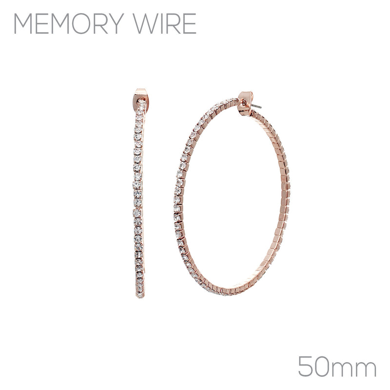 Hypoallergenic Clear Crystal Rhinestone Rainbow Memory Wire Hoop Earrings (Clear Crystal Rose Gold Tone 50mm)