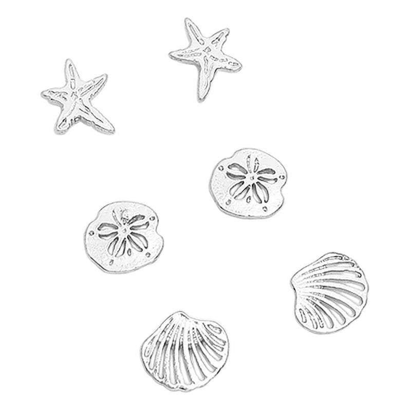 Beach Stud Earrings Set of 3 Starfish Sand Dollar Shell (Silver Tone)