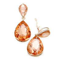 Stunning Double Teardrop Crystal Statement Clip On Earrings, 1.75" (Rose Gold Peach)