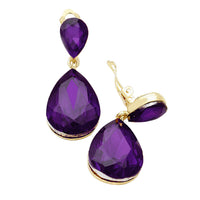 Women's Stunning Double Teardrop Crystal Statement Clip On Earrings, 1.75" (Gold Tone Violet Purple)