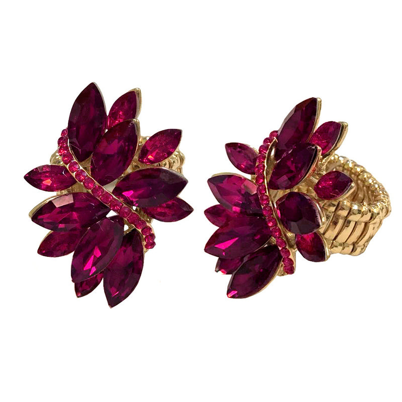 Dazzling Crystal Marquis Leaf Cluster Statement Stretch Cocktail Ring (Fuchsia Pink Gold Tone)