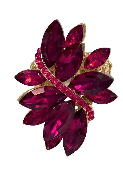 Dazzling Crystal Marquis Leaf Cluster Statement Stretch Cocktail Ring (Fuchsia Pink Gold Tone)