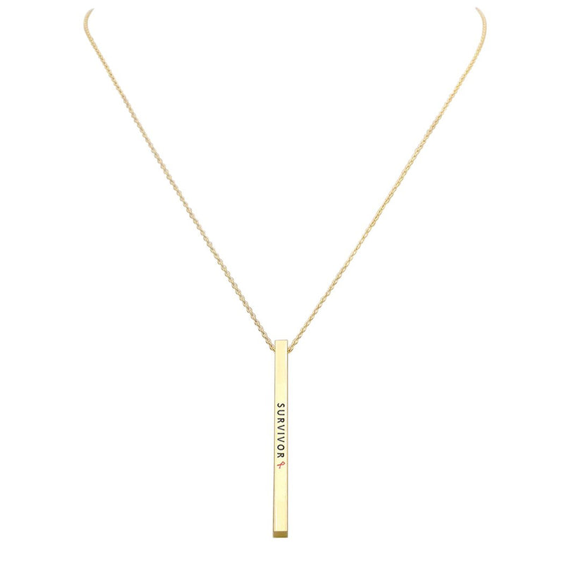 Pink Ribbon Vertical Bar Pendant Necklace (Survivor Gold Tone)