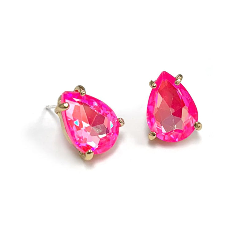 Timeless Classic Colorful AB Crystal Teardrop Stud Earrings With Hypoallergenic Sterling Silver Post Backs, 0.55" (Neon Fuchsia Pink Gold Tone)