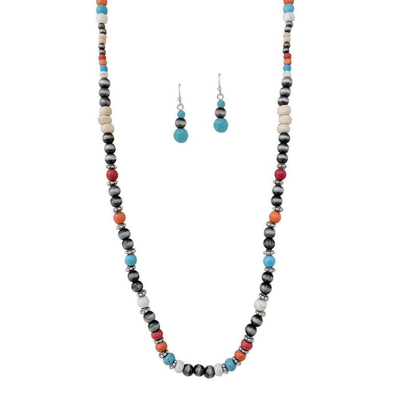 Women's Chic Western Navajo Pearl And Howlite Stone Bead Long Strand Necklace Earrings Set (Colored Howlite And Metallic Silver, 31"+3" Extender)