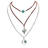 Cowgirl Chic Turquoise Blue Howlite Stone Star Charm Silver Tone Cactus And Moon Pendants On Western Style Vegan Suede Multistrand Necklace, 14"+3" Extender