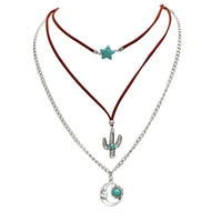 Cowgirl Chic Turquoise Blue Howlite Stone Star Charm Silver Tone Cactus And Moon Pendants On Western Style Vegan Suede Multistrand Necklace, 14"+3" Extender