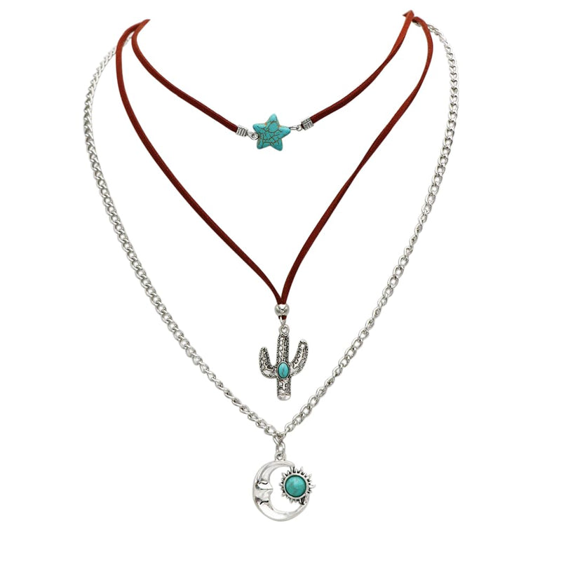 Cowgirl Chic Turquoise Blue Howlite Stone Star Charm Silver Tone Cactus And Moon Pendants On Western Style Vegan Suede Multistrand Necklace, 14"+3" Extender