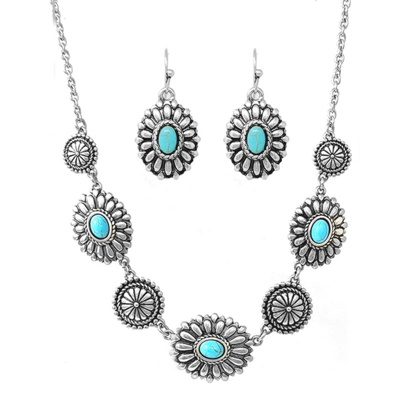 Women's Cowgirl Chic Natural Howlite Stone Center Concho Western Jewelry Gift Set (Turquoise Burnished Silver Tone Necklace And Earrings, 18"+3" Extension)