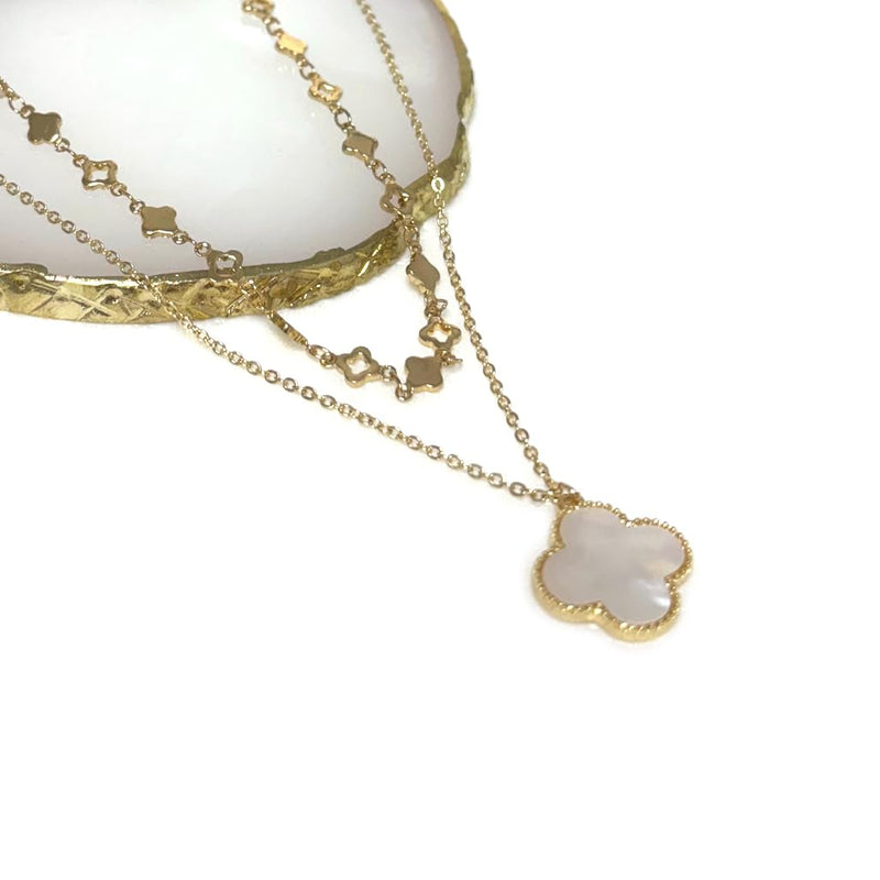 Stunning Mother Of Pearl Clover Gold Tone Jewelry (Double Strand Necklace, 15"/18"+3" Extender)