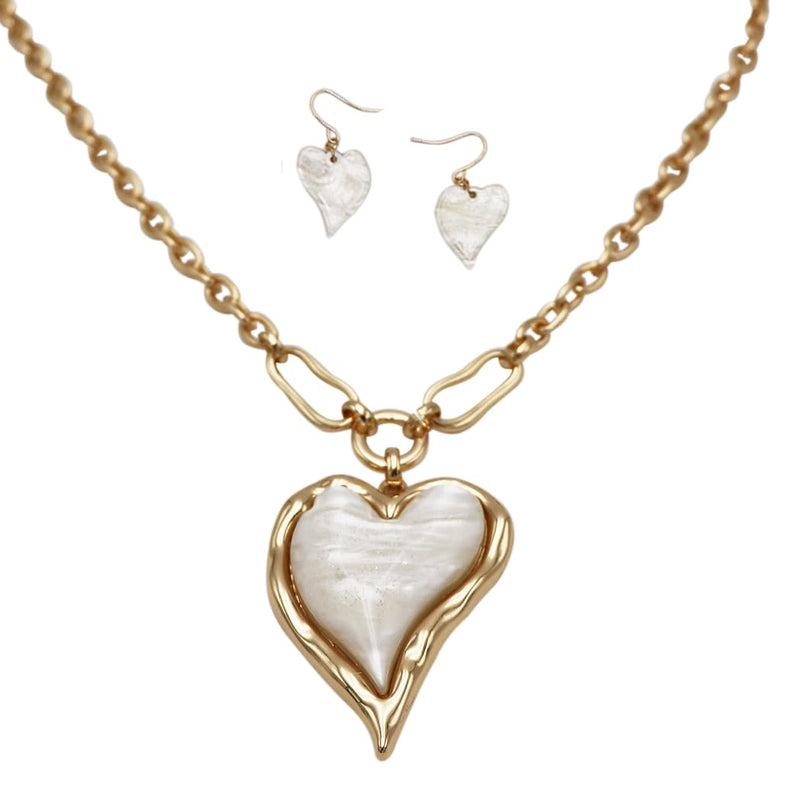 Gorgeous Marbled Glitter Lucite Heart Pendant On Cable Necklace Chain And Dangle Earrings Gift Set, 36"+3" Extender (White Gold Tone)