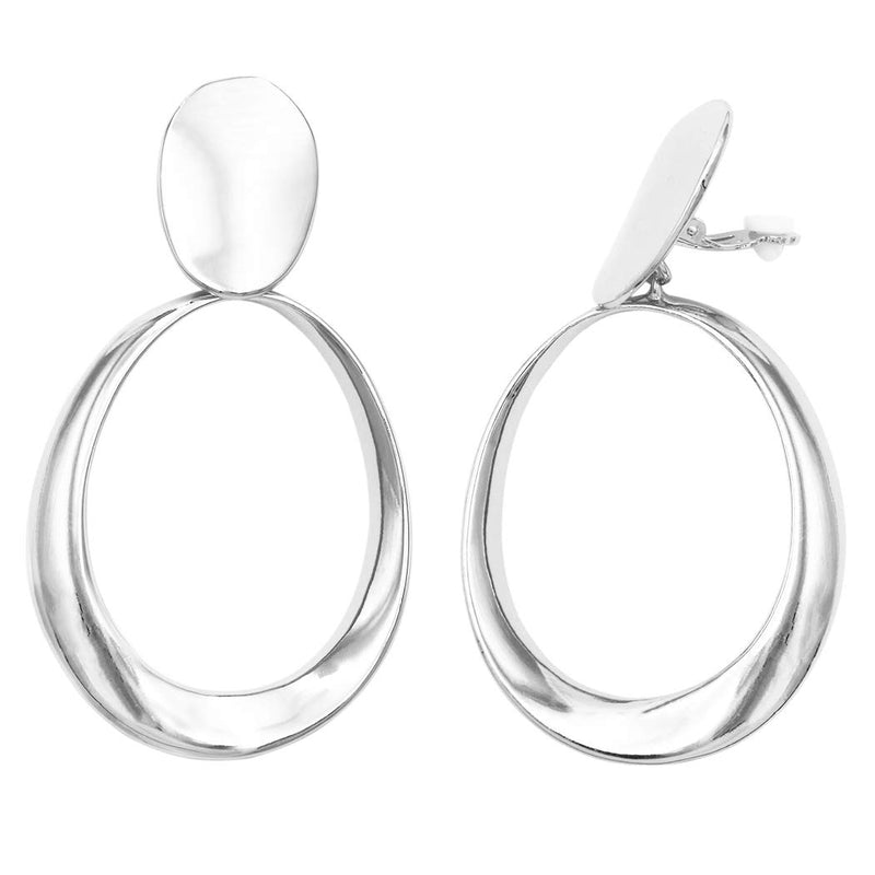 Statement Making Twisted Oval Hoop Long Dangle Clip On Style Earrings, 3.25" (Polished Silver Tone)