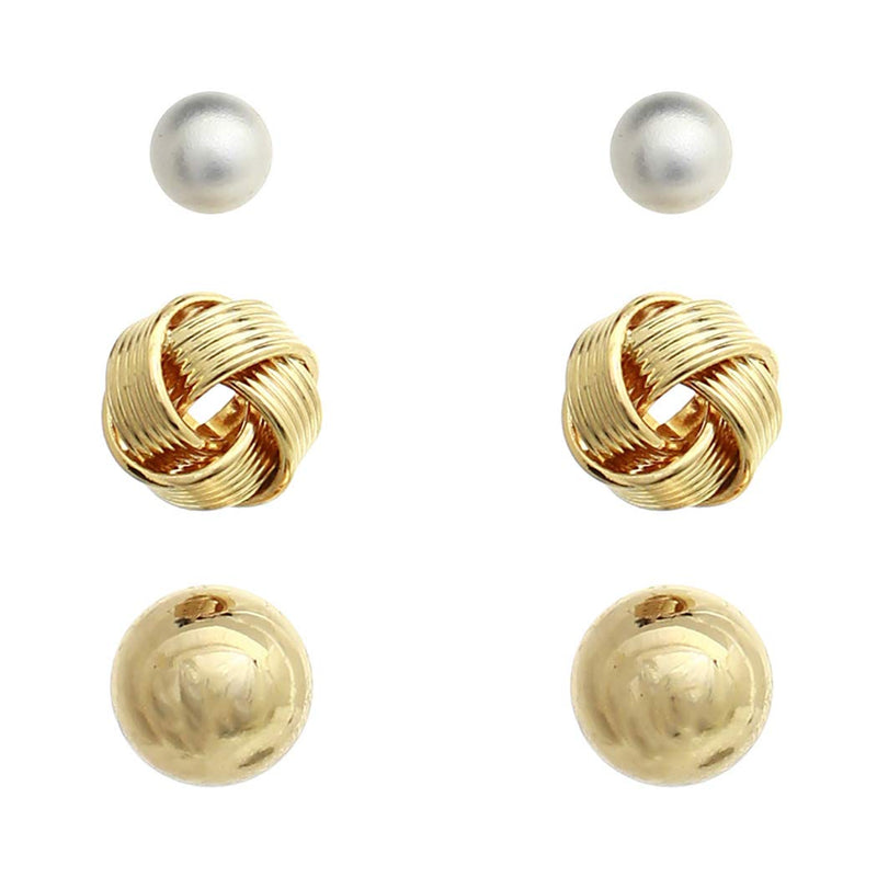 Simulated Pearl Gold Tone Love Knot And Ball Hypoallergenic Post Stud Earrings Set Of 3