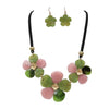 Statement Pink And Green Sparkly Lucite Resin Flower On Corded Necklace With Dangle Earrings Designer Fashion Set, 14"+3" Extender