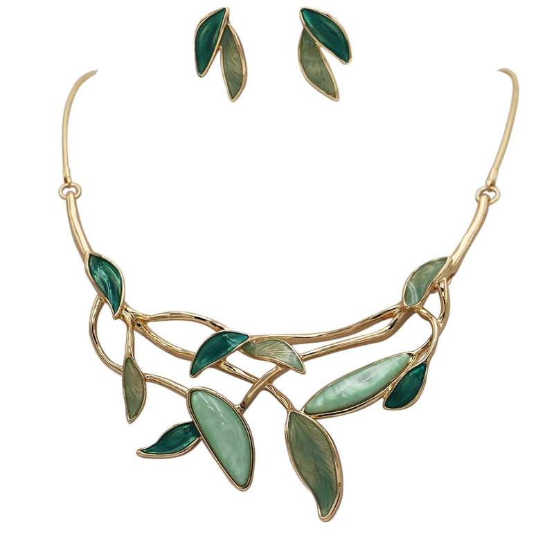 UnbeLEAFable Statement Textured Enamel And Resin Shades Of Green Leaves On Polished Gold Tone Vine Necklace Earrings Set, 12"+3" Exteder