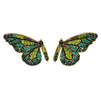 Stunning Gold Tone Butterflies With Glittering Crystal Rhinestone Wings Post Back Earrings, 1.5" (Emerald And Peridot Greens)