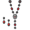 Stunning Vintage Western Style Conchos And Semi Precious Howlite Stone Y-Drop Necklace Earring Gift Set, 22"+3" Extender (Red)