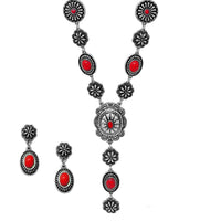 Stunning Vintage Western Style Conchos And Semi Precious Howlite Stone Y-Drop Necklace Earring Gift Set, 22"+3" Extender (Red)