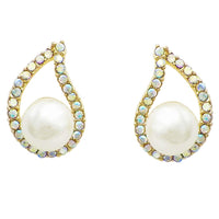 Pave Crystal Teardrop Faux 5mm Pearl Post Earrings, 0.75" (AB Crystal/Gold Tone)