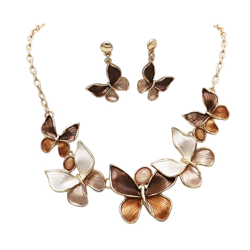 Stunning Crystal Accented Enamel Textured Metal 3D Butterfly Necklace Earrings Set, 14"+3" Extender (Brown Cream Fall Mix Gold Tone Cable Chain)