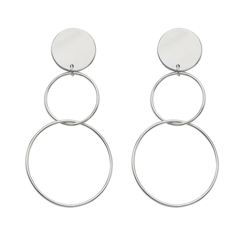 Stylish Geometric Disc Contemporary Dangling Hoop Post Back Earrings, 2.25" (Disc With Double Circle, 2.25" Silver Tone)