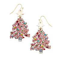 Pink Enamel With Sparkling Crystal Rhinestones Christmas Holiday Themed Gold Tone Dangle Earrings (X-Mas Tree, 2")