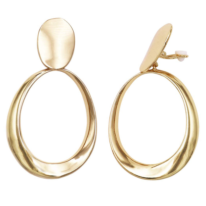 Statement Making Twisted Oval Hoop Long Dangle Clip On Style Earrings, 3.25" (Polished Gold Tone)