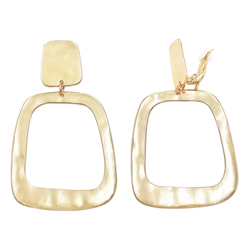 Women's Polished Metal Squared Geometric Open Hoop Statement Clip On Earring, 3.12 (Gold Tone)