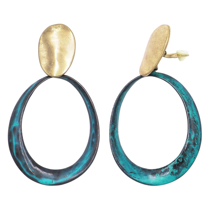 Statement Making Twisted Oval Hoop Long Dangle Clip On Style Earrings, 3.25" (Patina Copper With Matte Gold Tone)