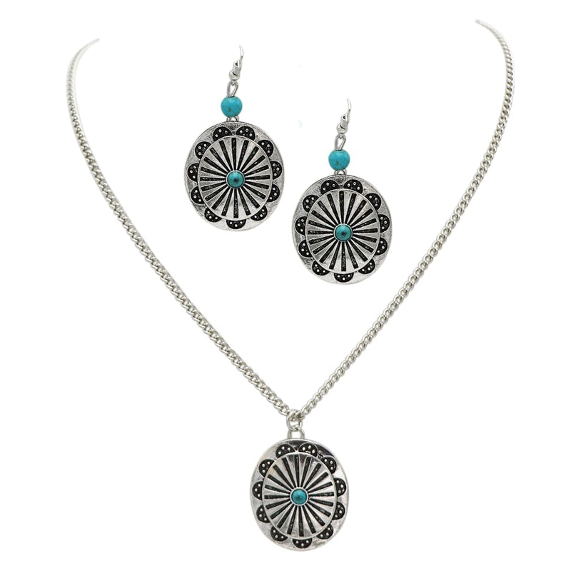 Women’s Cowgirl Chic Western Style Turquoise Howlite Stone Concho Pendant Necklace Dangle Earrings Set, 16"+3" Extender