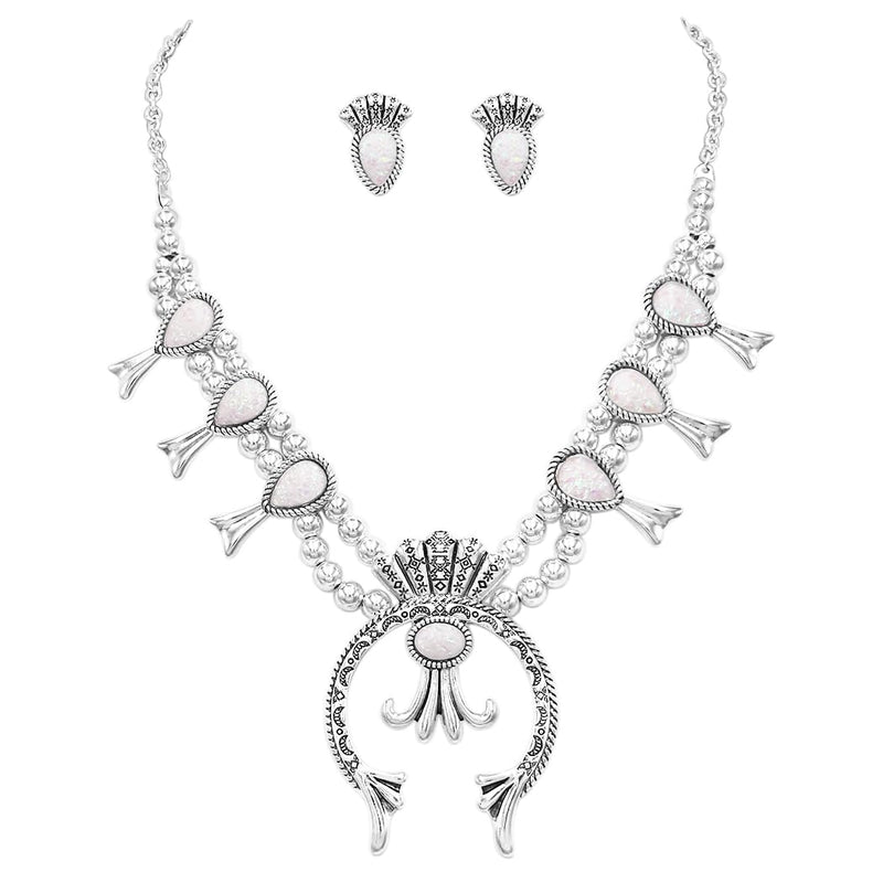 Women's Cowgirl Glam Western Squash Blossom With Glittery Faux Opal Necklace Earrings Gift Set, 18"+3" Extender