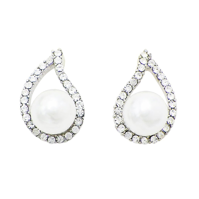 Pave Crystal Teardrop Faux 5mm Pearl Post Earrings, 0.75" (Silver Tone)