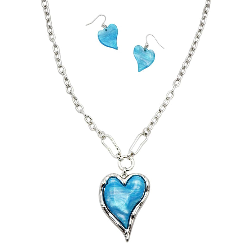 Gorgeous Marbled Glitter Lucite Heart Pendant On Cable Necklace Chain And Dangle Earrings Gift Set, 36"+3" Extender (Turquoise Blue Silver Tone)