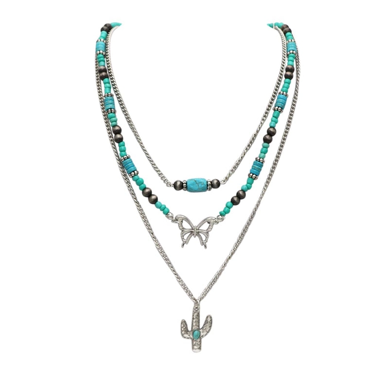 Cowgirl Chic Turquoise Blue Howlite Stone Beads On Multistrand Western Style Butterfly Charm Cactus Pendant Necklace, 14"+3" Extender