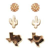 Women's Fun Cowhide Texas State Pave Crystal Disco Ball Cactus Set of 3 Gold Tone Stud Earrings