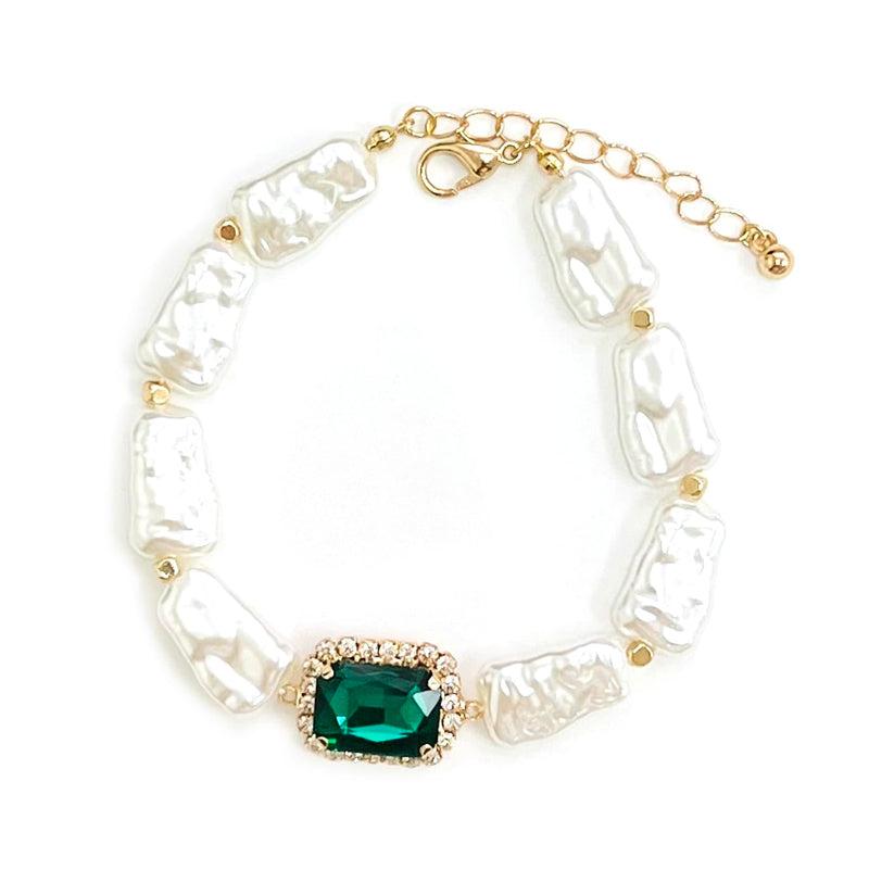 Stunning Green Emerald Cut Crystal Charm On Statement Faux Pearl Strand Holiday Jewelry (Bracelet, 8"+1.5" Extender)