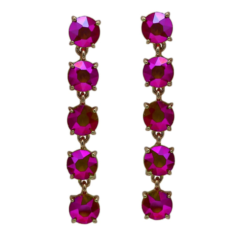 Stunning Gold Tone Linear Strand Round Cut Crystal Rhinestone Post Back Drop Earrings, 2.75" (AB Fuchsia Pink)