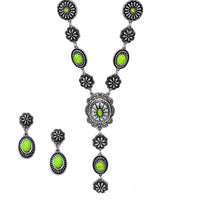 Stunning Vintage Western Style Conchos And Semi Precious Howlite Stone Y-Drop Necklace Earring Gift Set, 22"+3" Extender (Light Green)