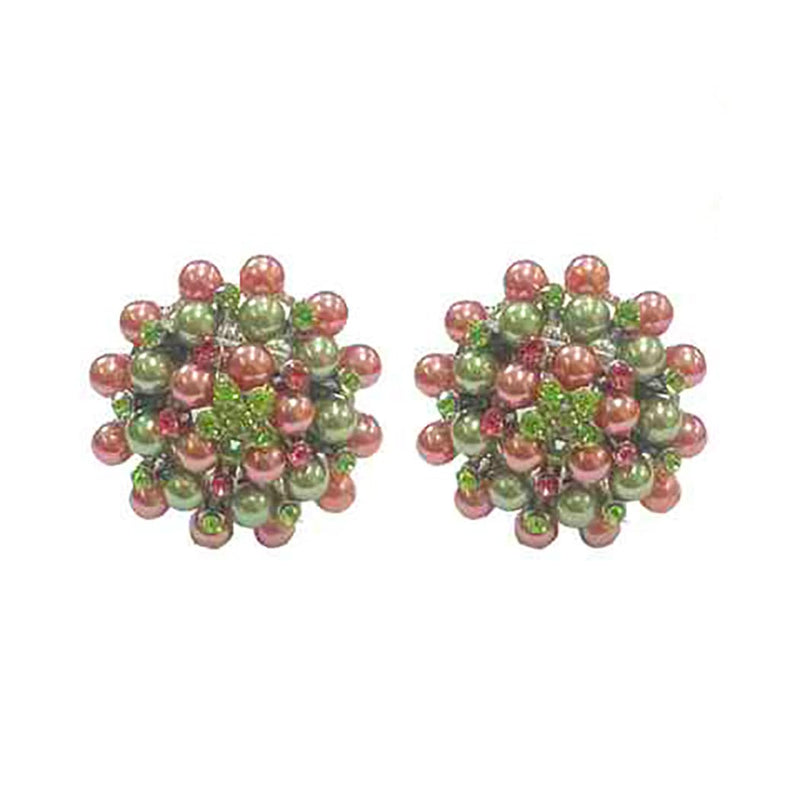 Timeless Classic Simulated Pearl And Crystal Rhinestone Cluster Clip On Earrings, 1.5" (Pink Green Silver Tone)