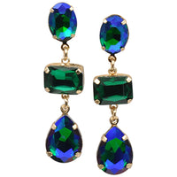 Stunning Colorful AB Crystal Rhinestone Long Drop Earrings, 2.25" (Emerald Green And Blue AB Crystal)