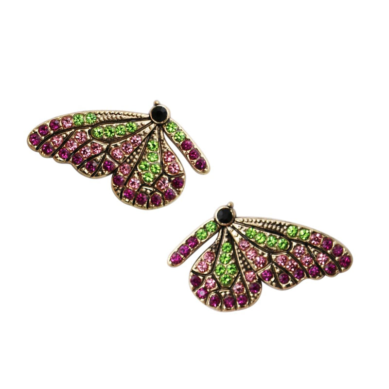 Stunning Gold Tone Butterflies With Glittering Crystal Rhinestone Wings Post Back Earrings, 1.5" (Fuchsia Light Pink And Green)