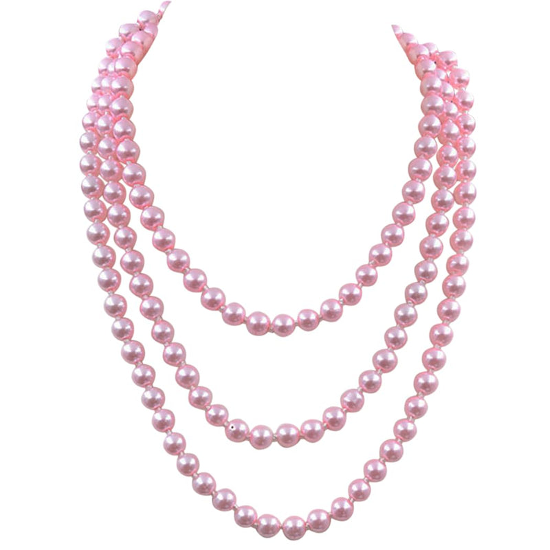 Stunning Simulated Pearl Knotted Long Endless Strand Necklace (60", Pink, 8mm)